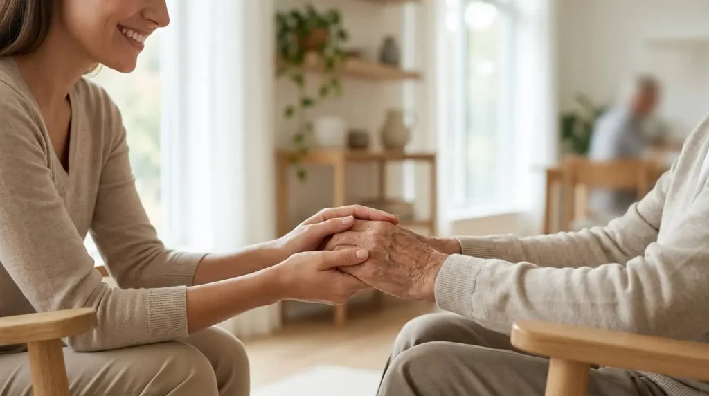 opiekunka seniorki trzyma seniorkę za rękę